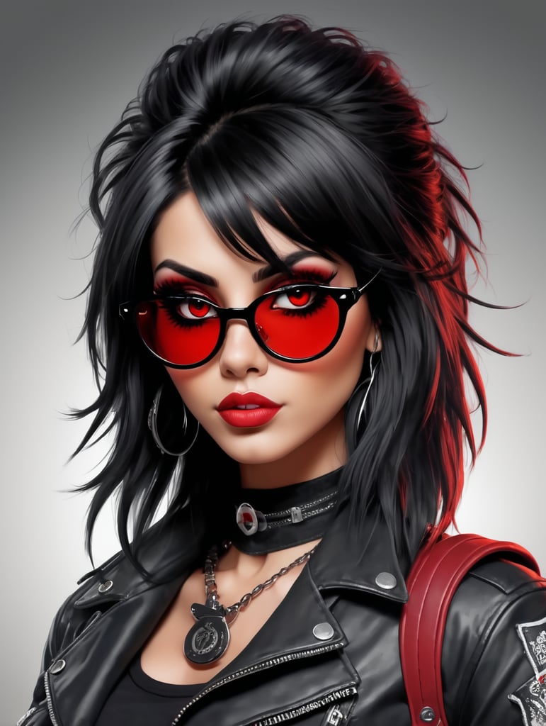 black hair rocker girl, digital art, vector, red eye, with eyeliner and glasses