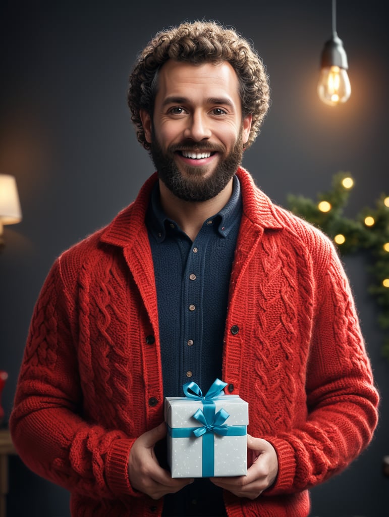portrait of a bearded curly man wearing red knitted jacket, stands front camera with gift box his hand, happy birthday images, spring time