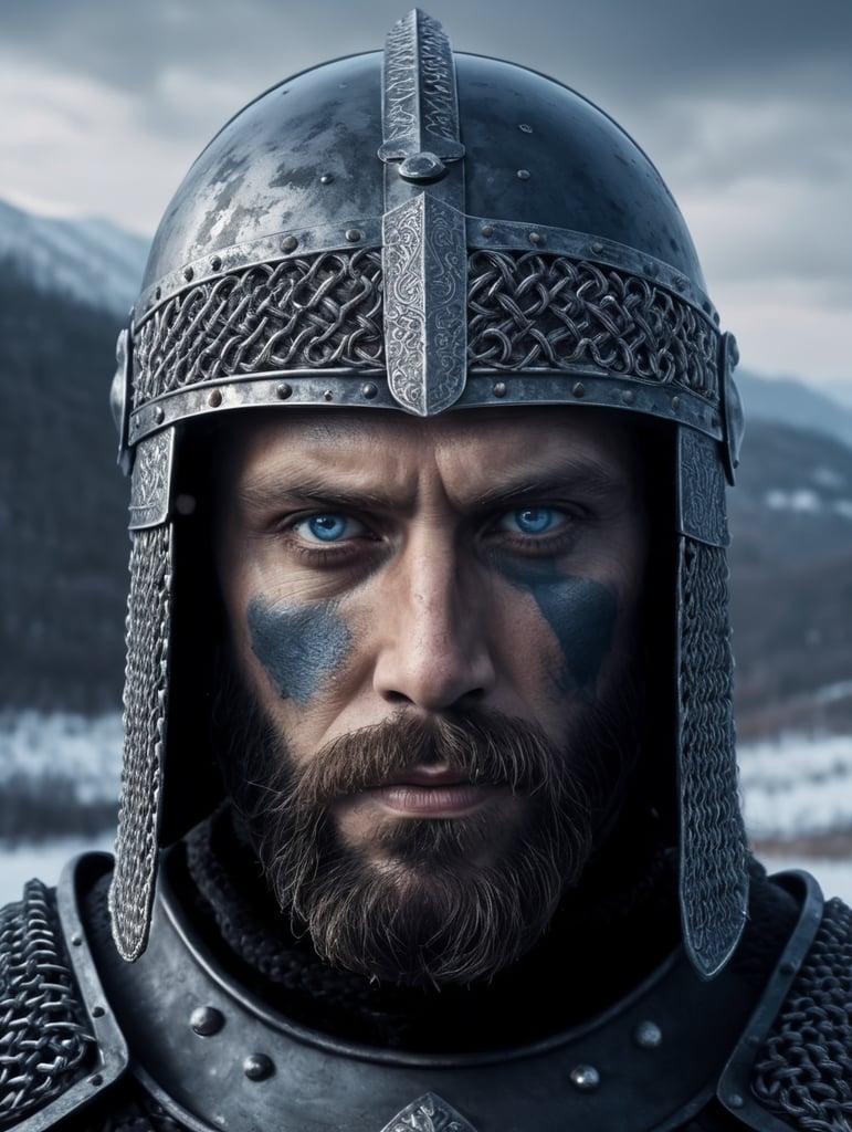 Portrait of a medieval Slavic warrior with a beard, wearing a helmet and chain mail, gray-blue eyes, a face stained with blood, against the backdrop of a winter landscape