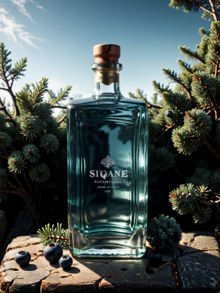 professional photography of a square gin bottle, square bottle, surrounding a juniper and juniper berries, one shot of gin in a front, no label, clear, mockup