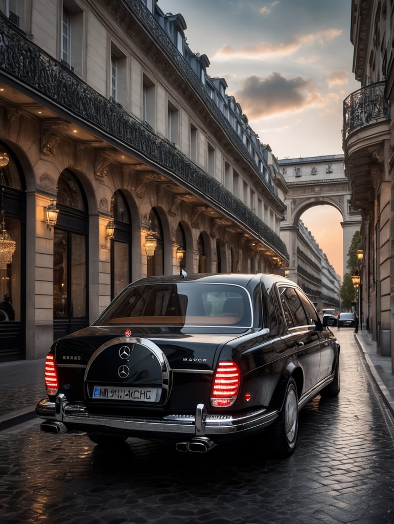 high quality cinematic Mercedes-Benz Maybach decorated with diamond stones in the city of Paris