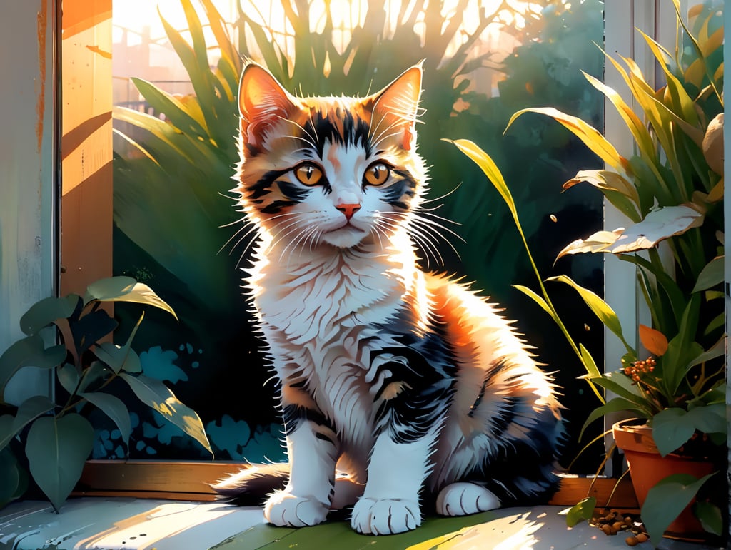 Back view of kitten sitting on a windowsill looking at a wintry garden