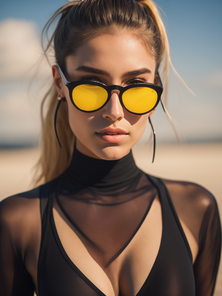 Portrait of a fashion model dressed in a black swimsuit and a yellow transparent sun glasses, Sunny weather, Contrasting light, Hair in a bun