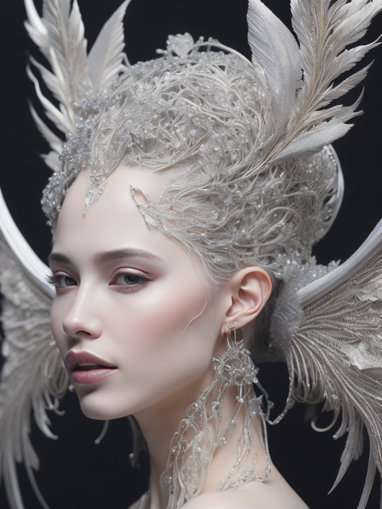 Complex 3d render ultra detailed of a beautiful profile angel, biomechanical cyborg, analog, 150 mm lens, beautiful natural soft rim light, big leaves and stems, roots, fine foliage lace, colorful details, samourai, boris bidjan saberi outfit, pearl earring, piercing, art nouveau fashion embroidered, intricate details, mesh wire, mandelbrot fractal, anatomical, facial muscles, cable wires, microchip, badass, hyper realistic, ultra detailed, octane render, volumetric lighting, red and white with a bit of black, detailled metalic bones, semi human, iridescent colors, glenn brown style, black background