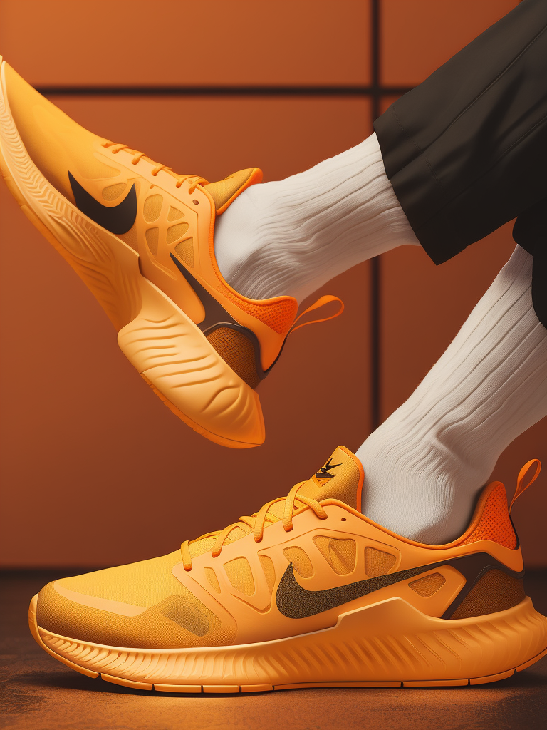 hyper realistic image of nike futuristic sneakers in black and orange colors with metalic details, modern fashion, deep atmosphere, saturation, vibrance, sharp and detailed textures and fabric, dark background