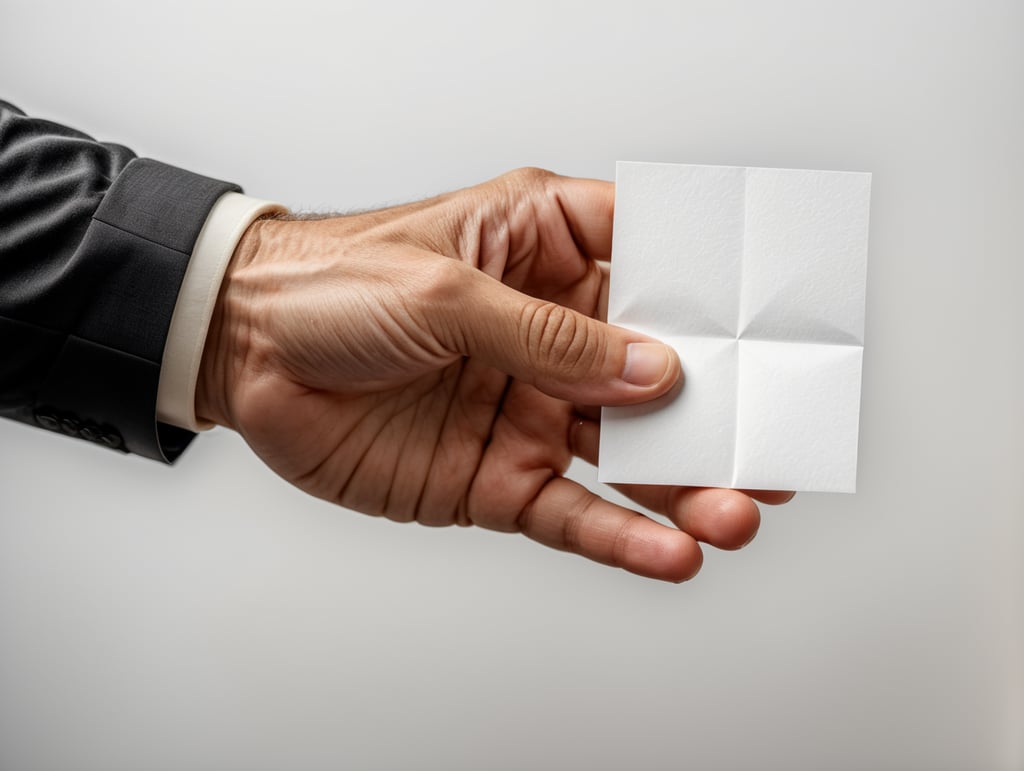 a hand holding a square piece of paper between thumb and index finger. White background