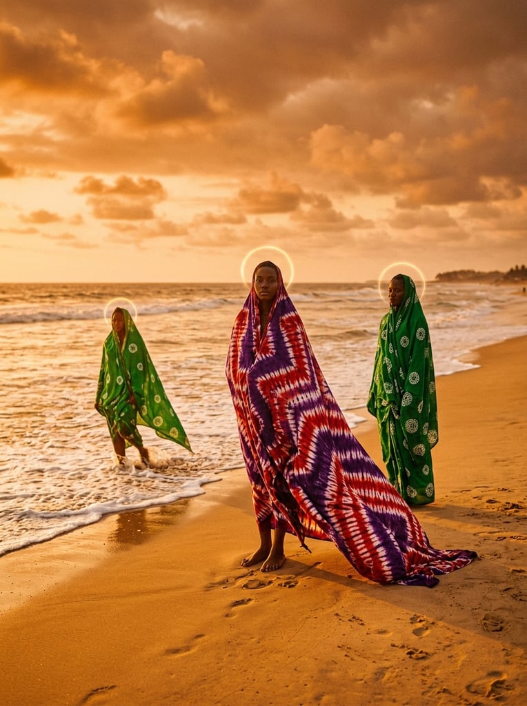 Three figures stand on a golden beach under an orange sky, each bearing a delicate glowing halo. The central person gazes forward, draped in a voluminous purple, red, and white zigzag tie-dye textile that cascades to the sand. Left, another figure wades into the ocean surf, enveloped in vibrant green fabric with white circular motifs. Right, a third figure is draped in matching green cloth. The surreal fine-art portrait features a warm amber wash across the environment, dramatically contrasting the jewel-toned, flowing garments.