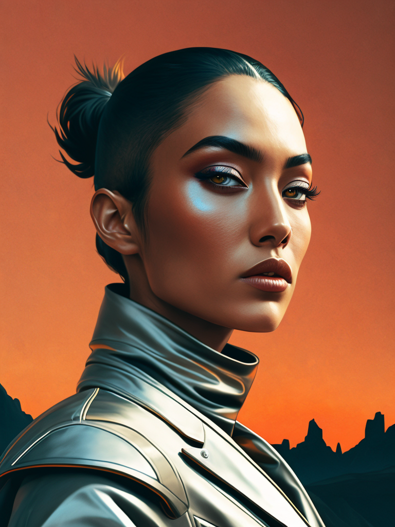 Ultra hd! realistic! helmut lang, fashion photoshoot, futuristic, beautiful face, female posing, chrome outfit, surreal landscape, photo in 90's fashion style, medium format, fuji superia 400, iso 400, surrealistic, 8k