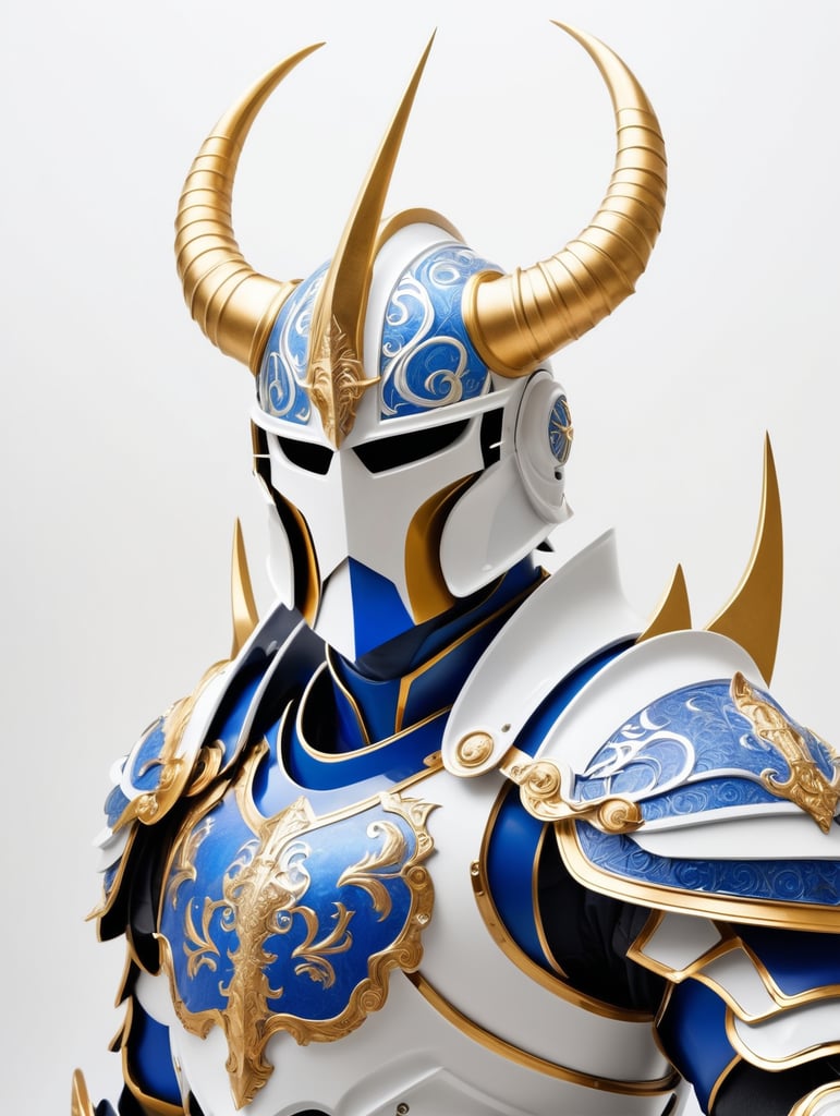 a powerful paladin with engraved blue and gold armor, he wears a helmet with two twisted golden horns, --niji 5, --style expressive, -niji 5, -style expressive