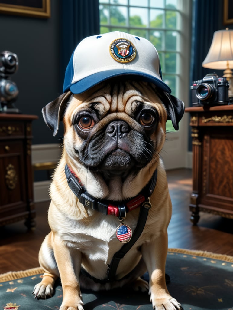 A pug dog wearing a baseball cap and a camera is a tourist at the white house in Washington dc