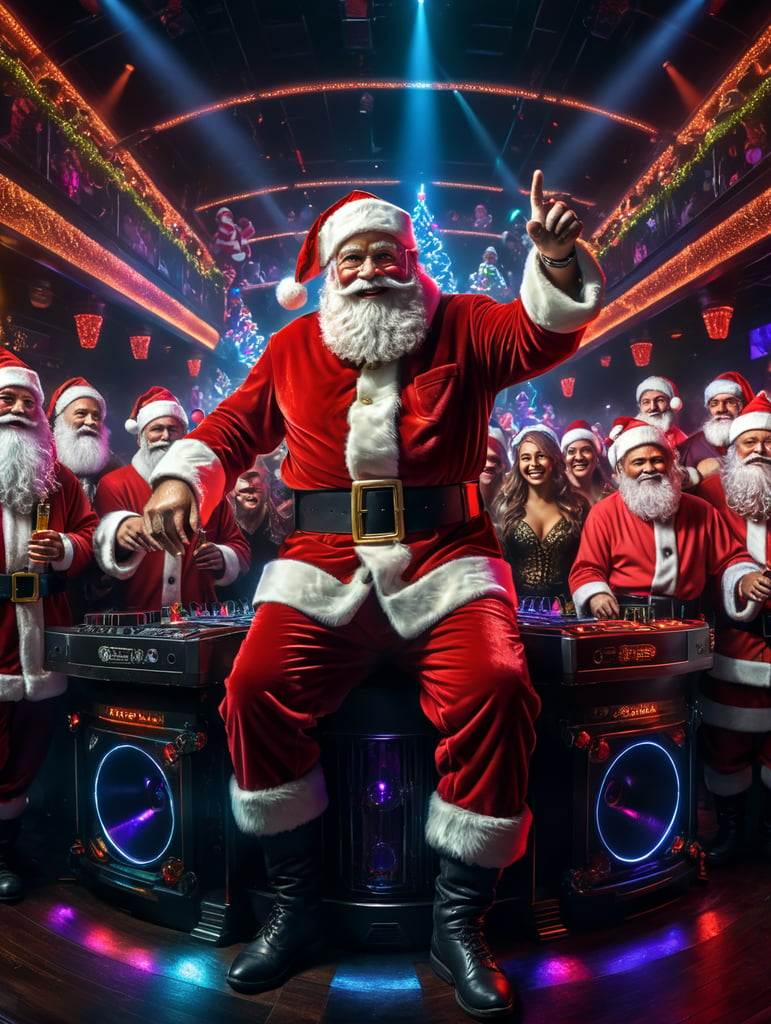 Santa Claus at a nightclub, party with Santa, Dj Santa, neon lightings,