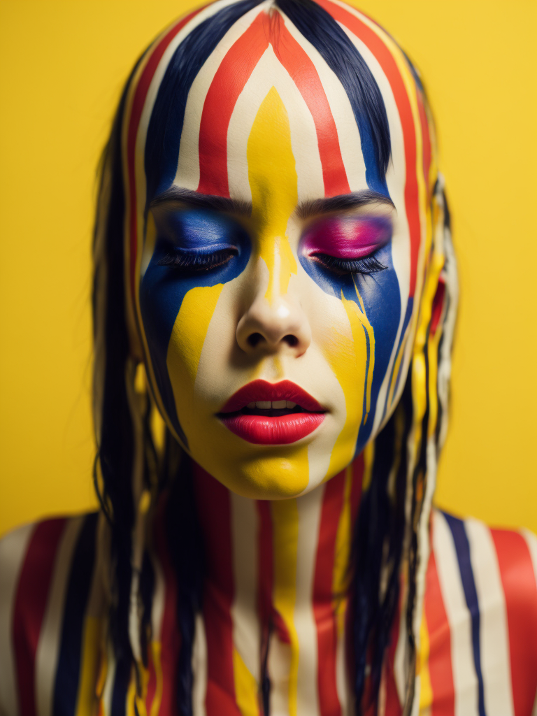 Portrait of a girl with a painted face and paint flowing from her face, closed eyes, yellow background