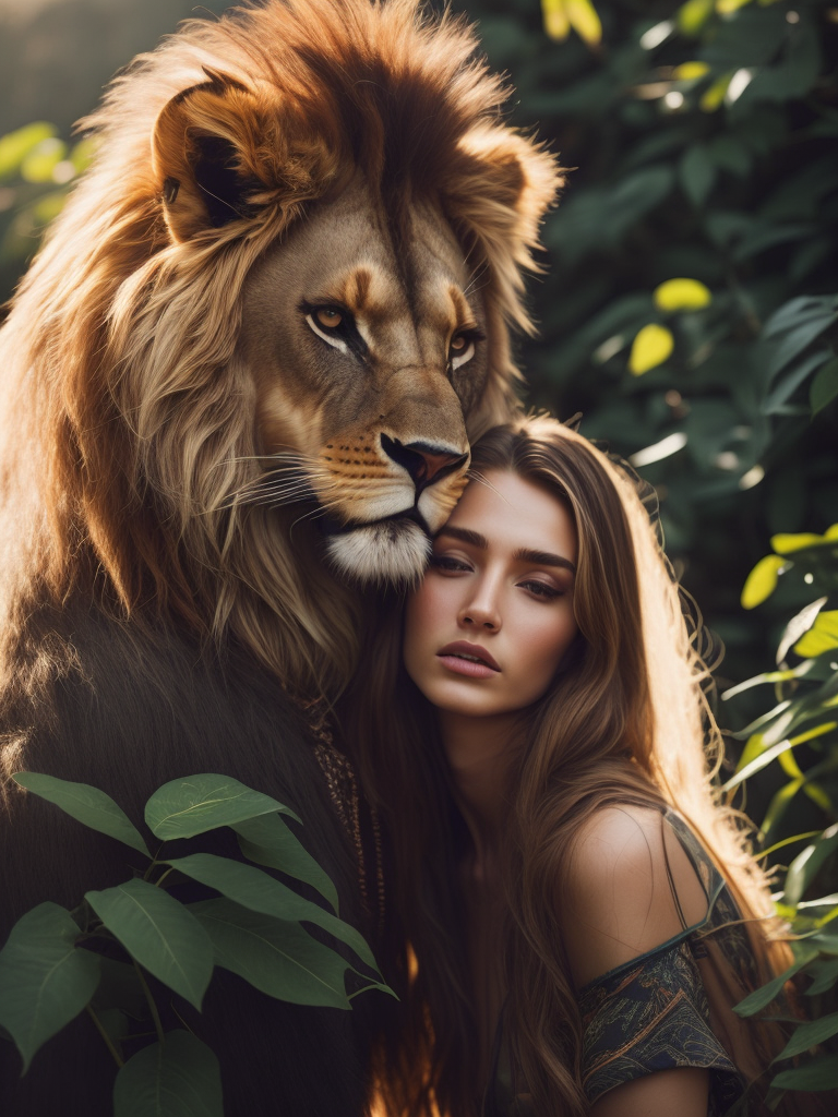 close-up, Photo of a (((wild lion))) and a (((beautiful girl))) embracing him, long gorgeous hair, looking into the camera, expressive piercing gaze, detailed face, photorealistic, sunlight through the foliage, concept art, digital photography, complex, elegant, highly detailed, highly detailed face, Photography, unreal engine, octane render, perfect composition, hyperrealistic, super detailed, highly detailed texture of clothing, full-length, digital photo, unreal engine, blender art by Oleg Oprisco, By Flora Borthy,cinematic, high quality photo art, professional art photography