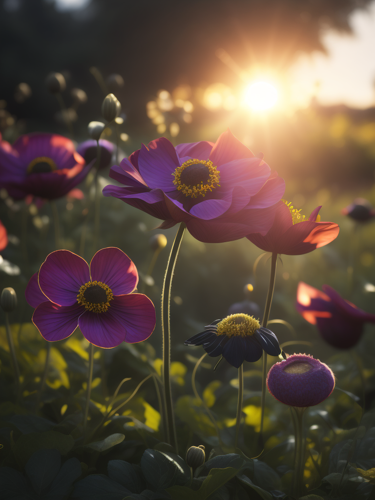 цветы анемоны, светит солнце в саду