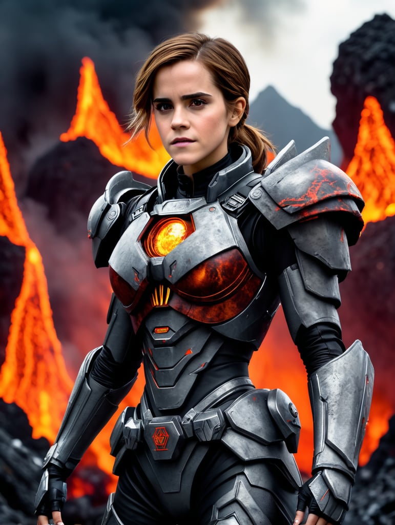 Actress Emma Watson in a costume from the game Doom, against the backdrop of hellish purgatory, lava and monsters