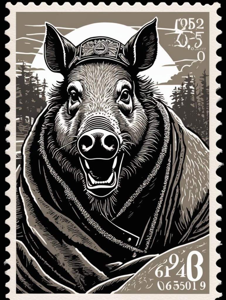 Black and white linocut postage stamp old pirate thick bold dark lines a wild boar