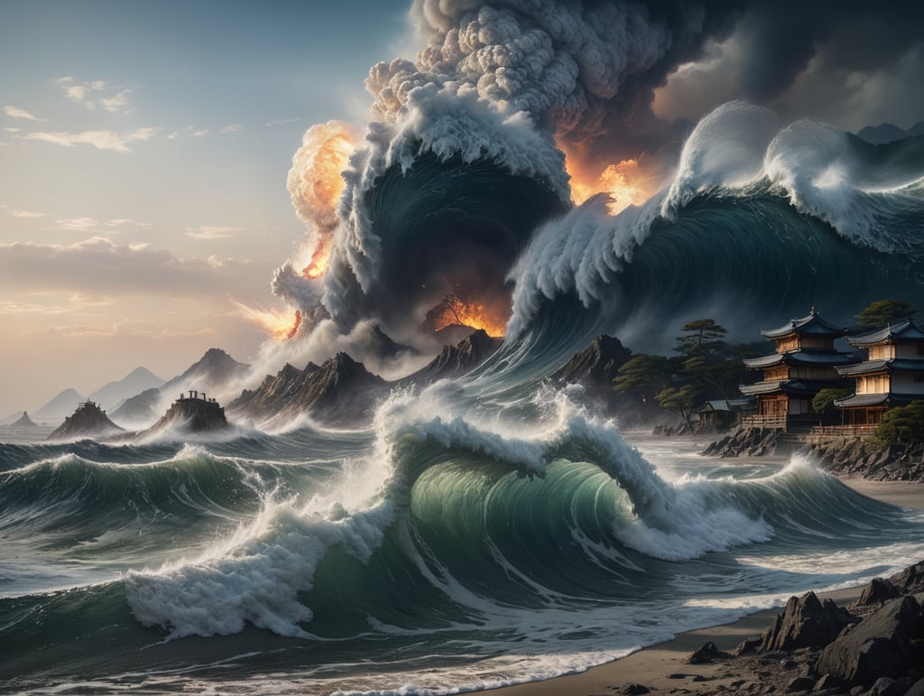 Epic photograph of an earthquake in Japan, large waves, destruction, fire, in the style of Aivazovsky