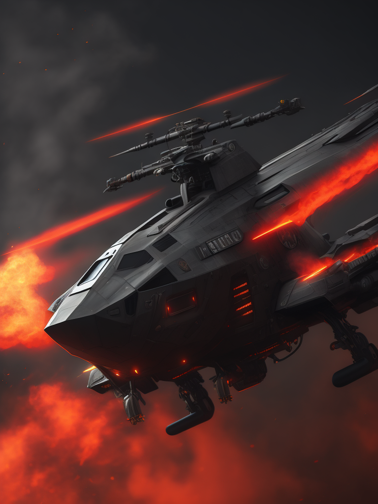 Black cyber military drone, background red smoke