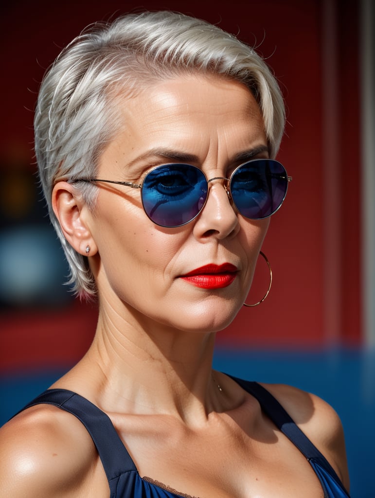 A portrait of a beautiful English older woman with white platinum short hair and big sunglasses, dressed all red, blue background, big cleavage, glamorous London portrait, highly realistic, women designer, very fashionable, colourful