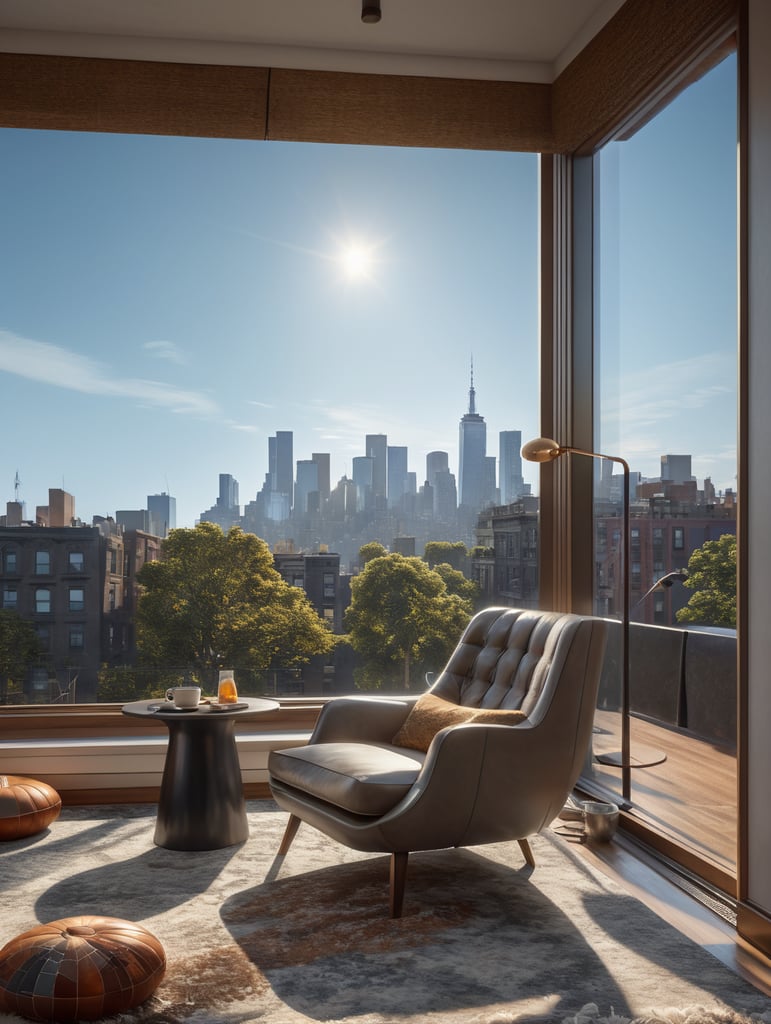 corner window of a understated luxury apartment, morning, sunrise, golden hour, calm feeling, coffee, exact same modern brazilian lounge chair of the reference image, light rug, soho new york view, playground view, a couple of trees in the playground, buildings in the view 5 stories tall. Light coming form the right side