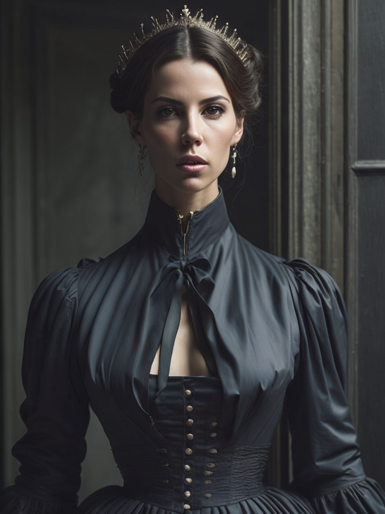 Portrait en buste kate beckinsale in georgian round dress by roberto ferri, by jeremy lipking, realism, abundant detail, muted tones, regency-era, empire silhouette, heavenly beauty