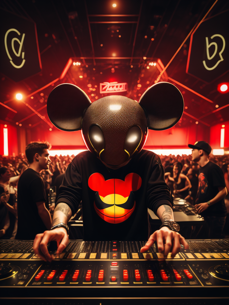 Deadmau5 dj playing in the night club, Red oversize t-shirt and gold chain, hall full of people having fun in the background, ultra realism, super detailed, neon colors