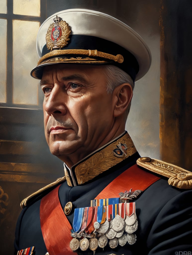 Classical portrait of royalty in uniform. Dramatic lighting. Oil paint texture, high quality.