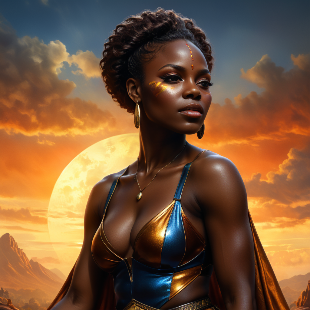 A stunning portrait of a proud black woman, vibrant black skin tone, shiny chocolate skin, ultra-realistic photography