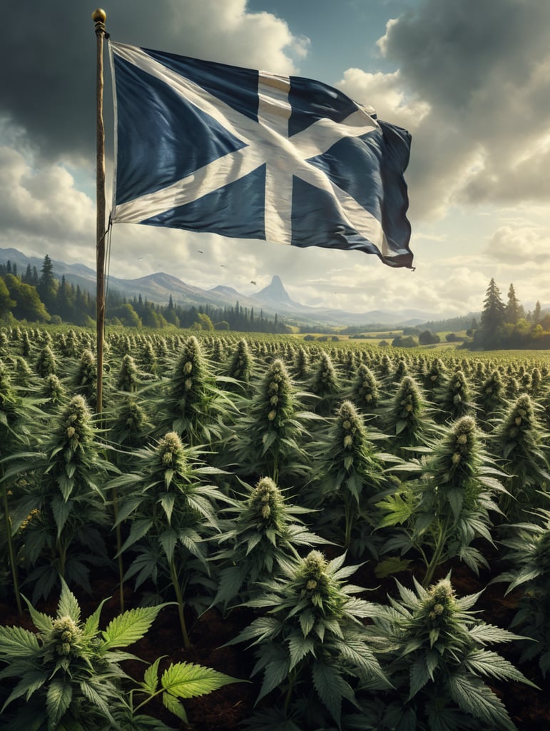 Image of a field of cannabis plants with a Scottish flag in the midground