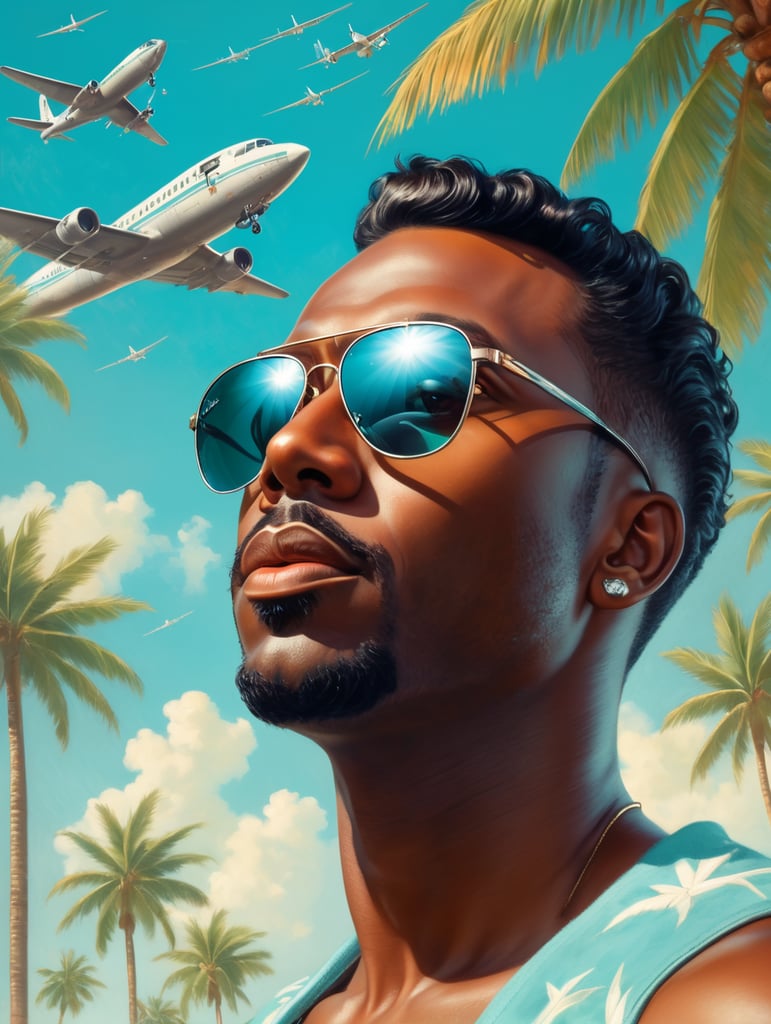 Pin up art, portrait, a black man raised his head up, looks at the sky, sunglasses, one airplane flies in a clear sky and leaves a mark, summer, palms around, palms reflected on a sunglasses, turquoise shades, style by Gil Elvgren