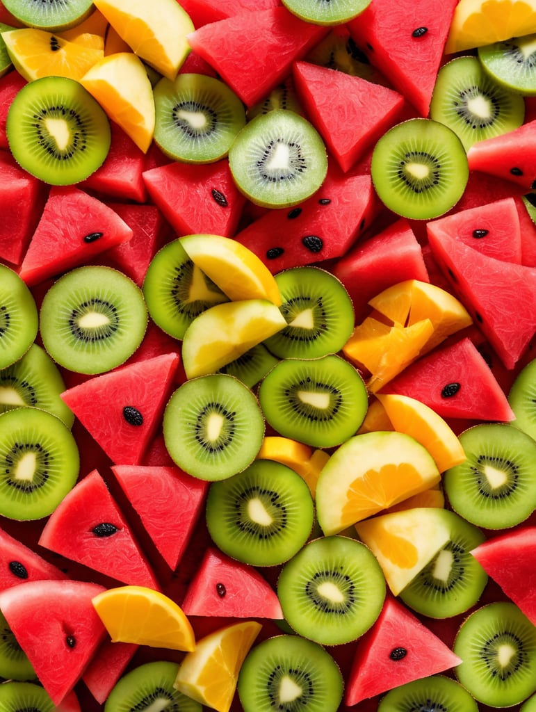 Colorful sliced fruit pieces, top view, watermelon, dragon fruit, kiwi, strawberry, texture