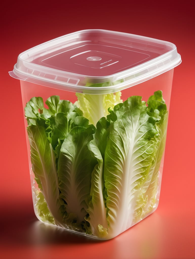 blank Transparent Plastic Container with Iceberg lettuce Salad, isolated, red background, Mockup, mock up