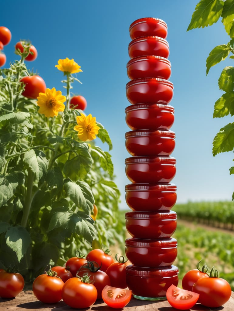 several red tomatoes stacked together forming a ketchup bottle with some leaves around it, beautiful tomato plantation in the background and a blue sky, short grass and yellow flower, creamy light, ambient lighting, beautiful colors