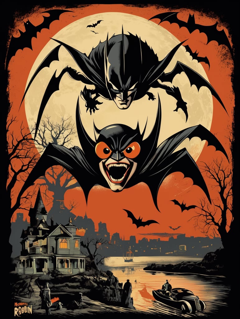 1950's b-movie horror halloween t-shirt print design featuring a batman and robin