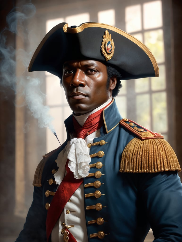 Toussaint louverture, haitian revolution general leader 1780's, facing camera, carne griffiths, wadim kashin, pascal blanche, rutkowski, repin. smoke, window, light rays, perfect anatomy, perfect face, perfect fingers, perfect composition, beautiful, detailed, intricate, octane render, 8k, soft natural light, chiaroscuro, masterpiece, award-winning, professional, anatomically correct, breathtaking, sharp focus, emitting diodes, smoke, sparks, artstation, detailed character design