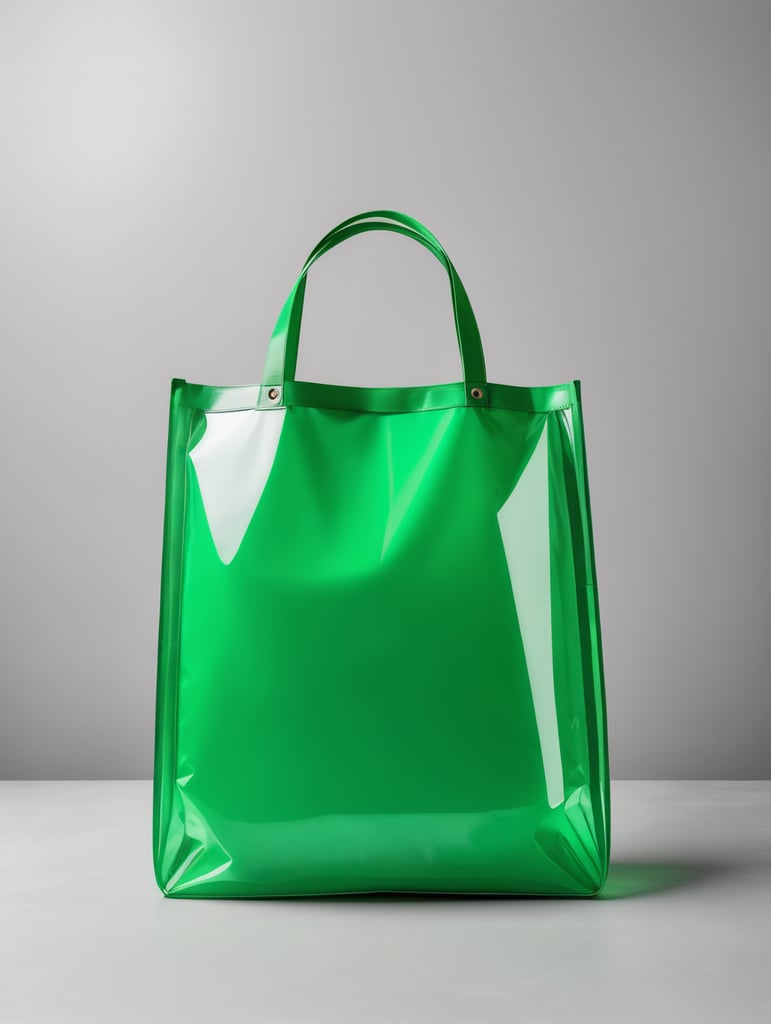 Inflatable vibrant green minimalist women's bag, transparent, isolated, grey background, mockup