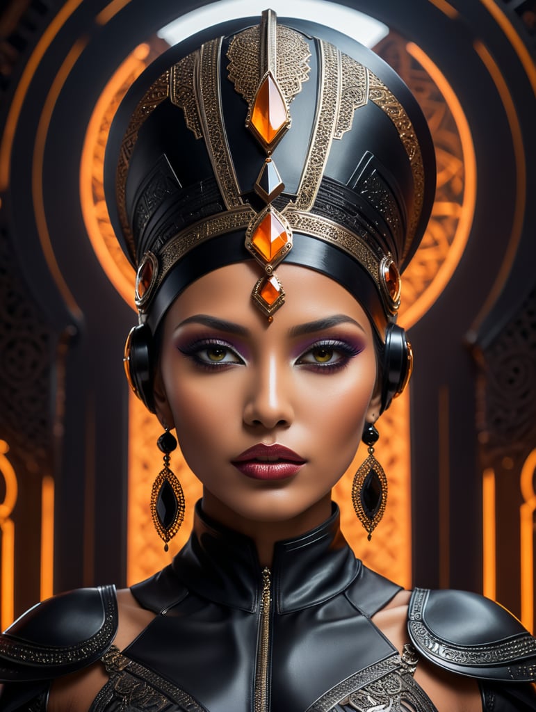 A tan skin moroccan female all black sleek futuristic outfit, with huge headpiece center piece, clean makeup, with depth of field, fantastical edgy and regal themed outfit, captured in vivid colors, embodying the essence of fantasy, minimalist