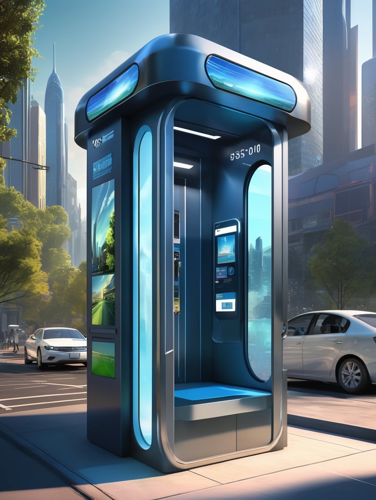 A sleek, state-of-the-art telephone booth with cutting-edge technology and solar power integration, presented through a professional digital illustration style. In the spirit of concept artist Syd Mead, this image showcases a futuristic, cityscape backdrop. The booth exudes minimalism and sophistication with its clean lines and advanced touchscreens. The color palette is a mix of cool, futuristic blues and vibrant, eco-friendly greens. Facial expressions are determined and focused, bathed in the glow of a digitally enhanced atmosphere, demonstrating the embodiment of professionalism in modern technology. --v 5 --stylize 1000