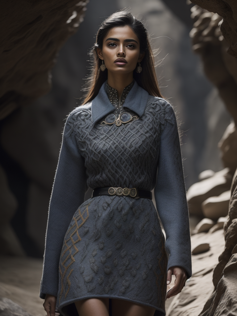 ultra hd! realistic! hyper realistic, photorealistic, hyperrealism, intricate, highly detailed, daylight, best quality, dslr, testptall indian female model walking down a fashion runway inside a cave, model is wearing a grey blue knit mini dress alexander mqueen style with east indian embroidery