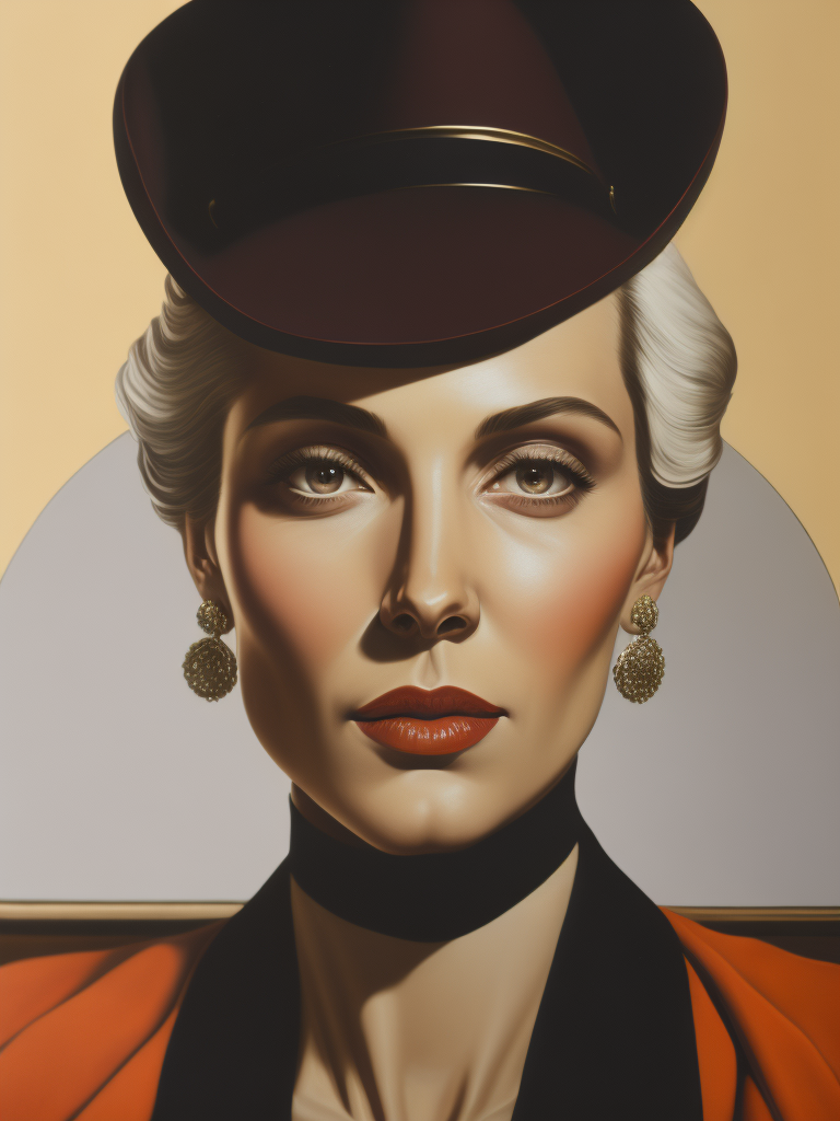 A painting of a very beautiful, middle aged woman in the art deco style of Tamara de Lempicka.