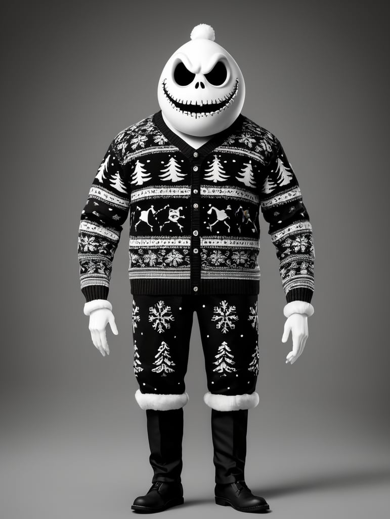 Jack Skellington standing wearing an ugly Christmas sweater