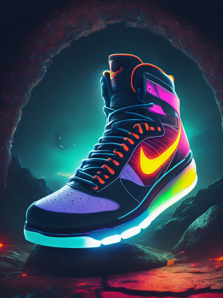 Illustration of a nike sports shoe in neon lights on a rock at night with moon light, bright and saturated colors, highly detailed, sharp focus, fashion magazine style