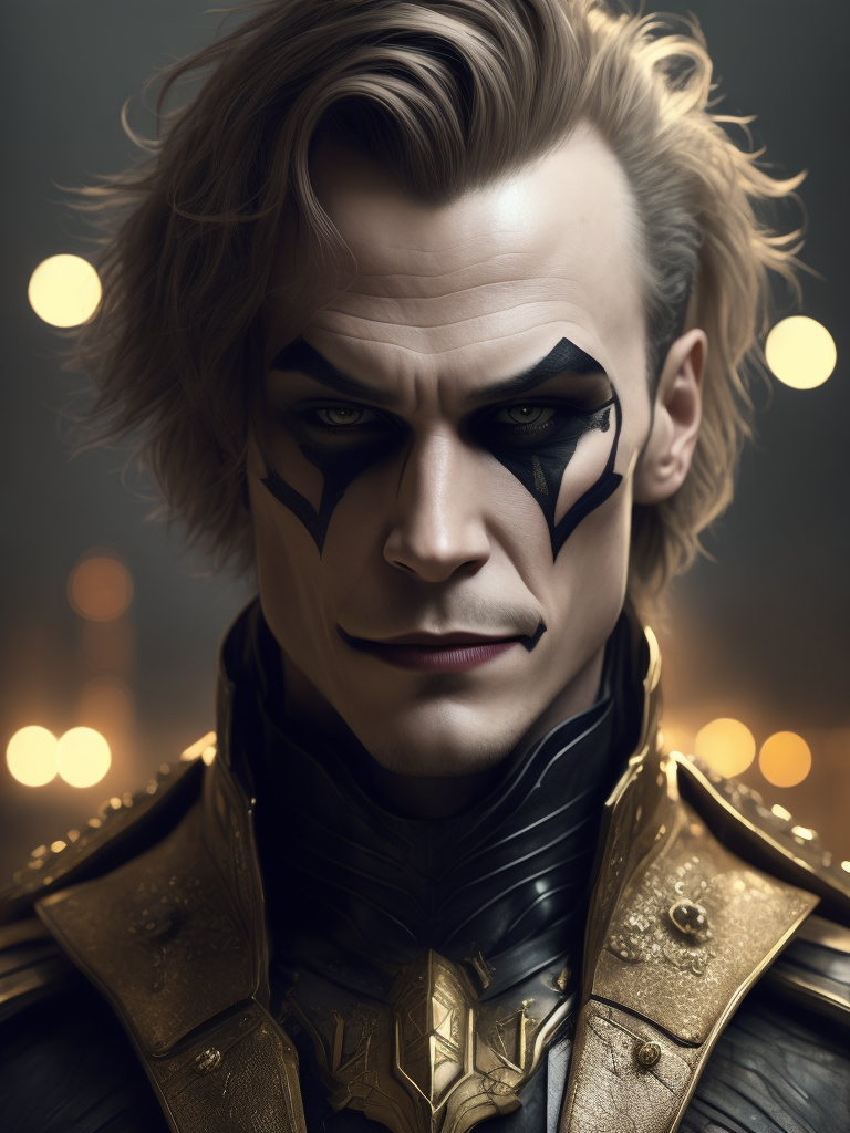 Ultra-sharp photography of male hero, heath ledger as dc joker sitting in an high fashion pose, bust shot, cybernetic face & body, perspective from under, + cinematic shot + dynamic composition, incredibly detailed, sharpen, details + pose from a hajime sorayama painting + steampunk suit with gold ornate armour attire with filigree details + futuristic city in background + evening with light + perfectionism + ultra detailed hair + ultra detailed skin + ultra detailed eye + dc joker in super haute couture + art by emil melmoth, giger, marcin nargraba, rebecca millen + high fashion + award winning realism + the composition is balanced and dynamic