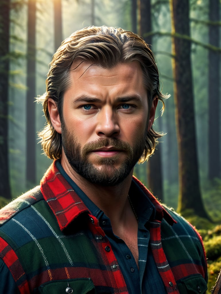 Portrait of Chris Hemsworth as a Canadian lumberjack, with a large beard and a plaid shirt, against the backdrop of a dense forest, bright saturated colors, Contrasting cinematic light