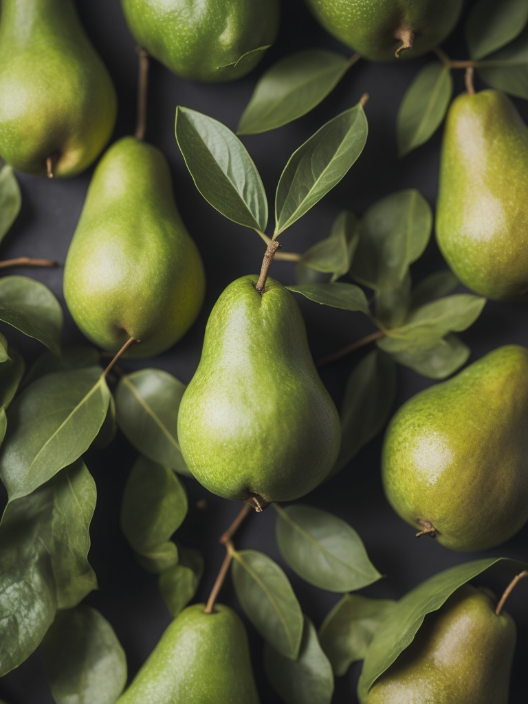 Juicy Pears pattern with green leaves, detailed Pears, macro photo