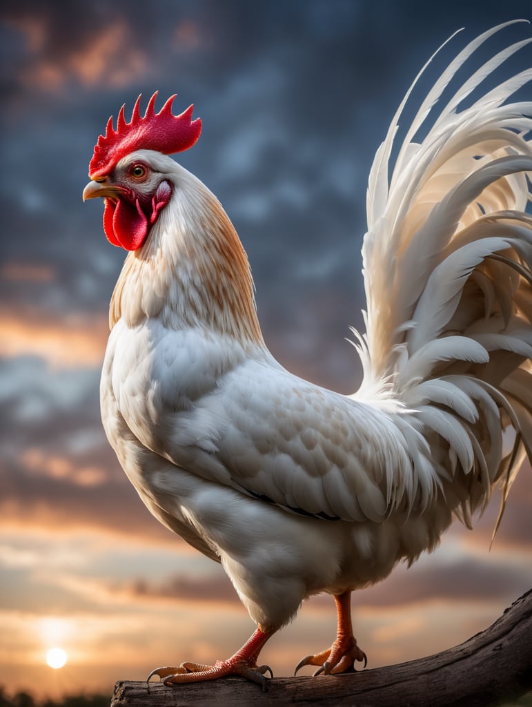 beautiful photorealistic rooster in white crowing in morning outside, beautiful morning sky