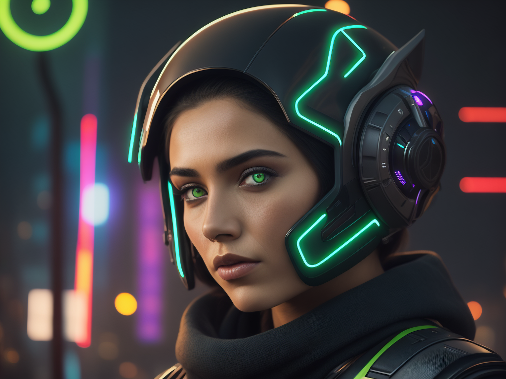 woman with electronic futuristic helmet, neon city background and neon green eyes