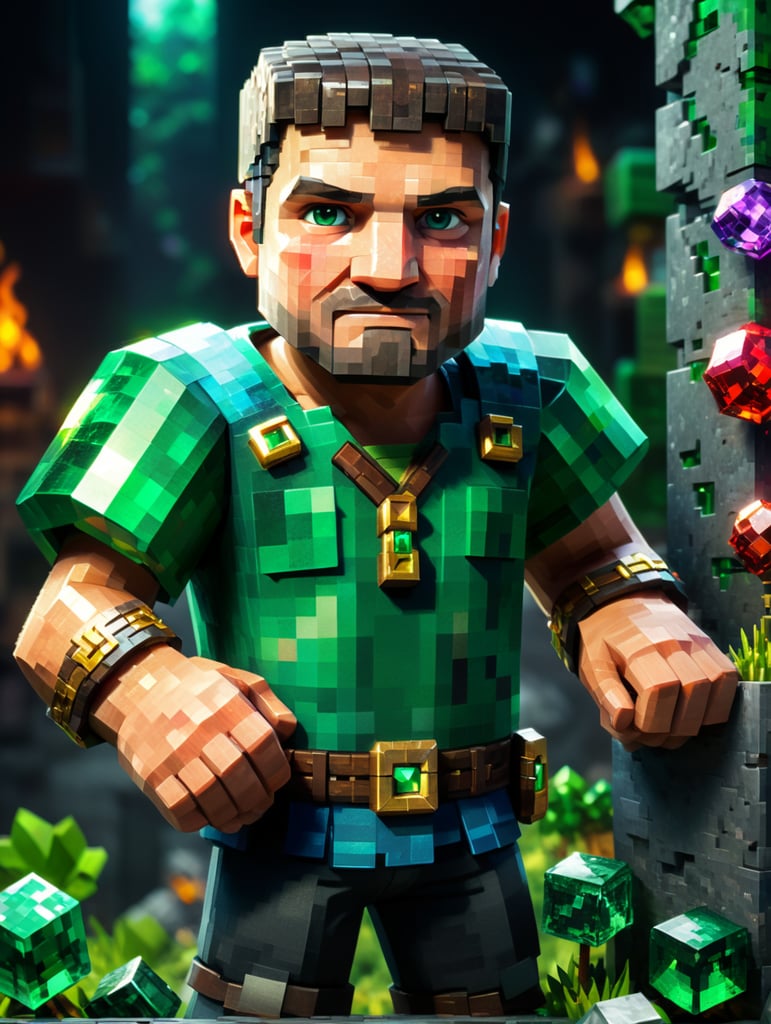 Minecraft character villager which trading with emeralds, pixel style, blocks, vibrant colors, clear details