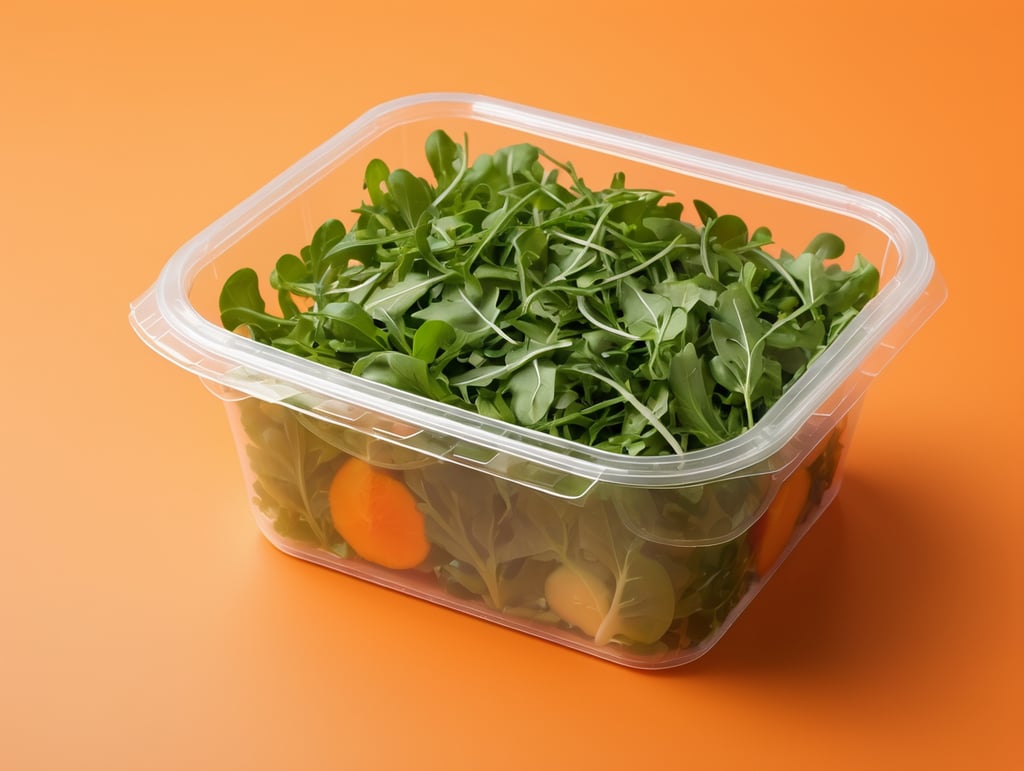 blank Transparent Plastic Container with Arugula Salad, isolated, orange background, Mockup, mock up