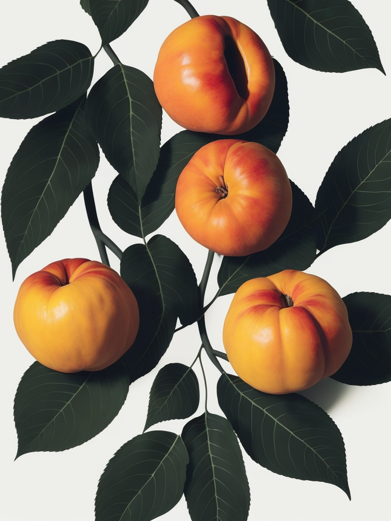 Peaches With Leaves, Flat, Tamara Lempicka, White Background, Art Deco, Photoillustration
